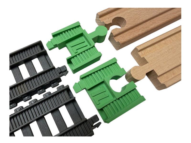 TrackMaster 2014 to wooden railway adapter pair joining gray plastic and wooden train tracks