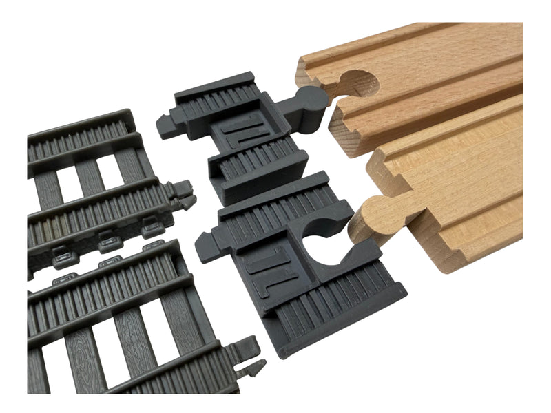 TrackMaster 2014 to wooden railway adapter pair joining gray plastic and wooden train tracks