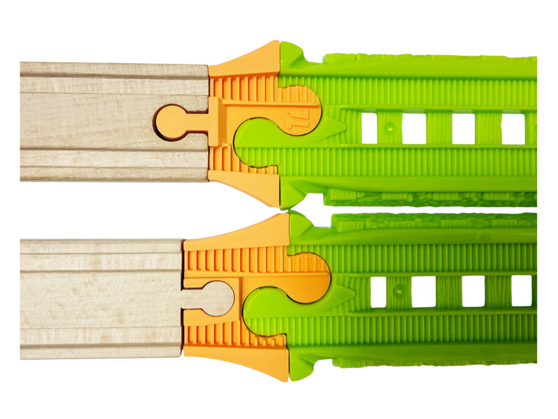 TrainLab adapter pair connecting Easy Connect and wooden railway track