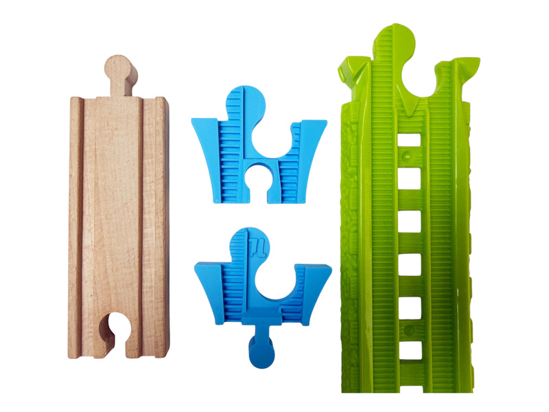 Two TrainLab adapters beside green Easy Connect and wooden railway track
