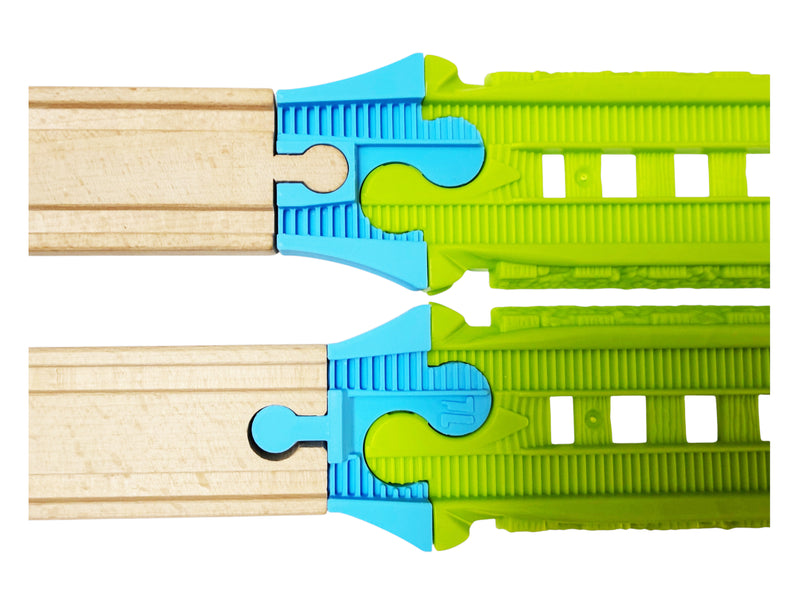 Easy Connect to wooden railway adapter pair shown between both track systems