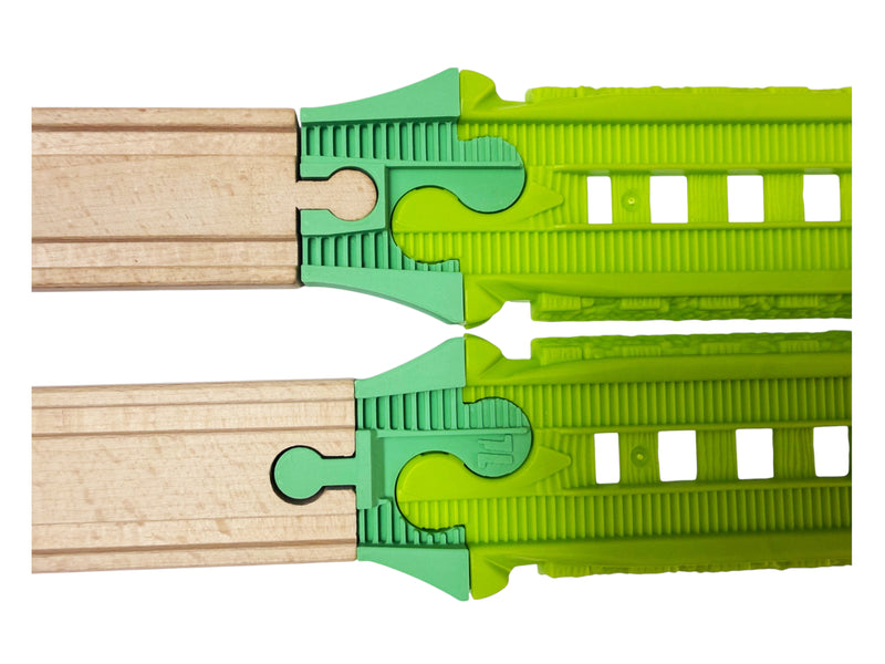 TrainLab adapter pair connecting Easy Connect and wooden railway track
