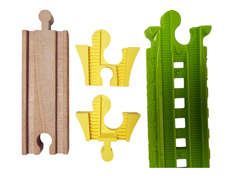 TrainLab adapter pair connecting Easy Connect and wooden railway track