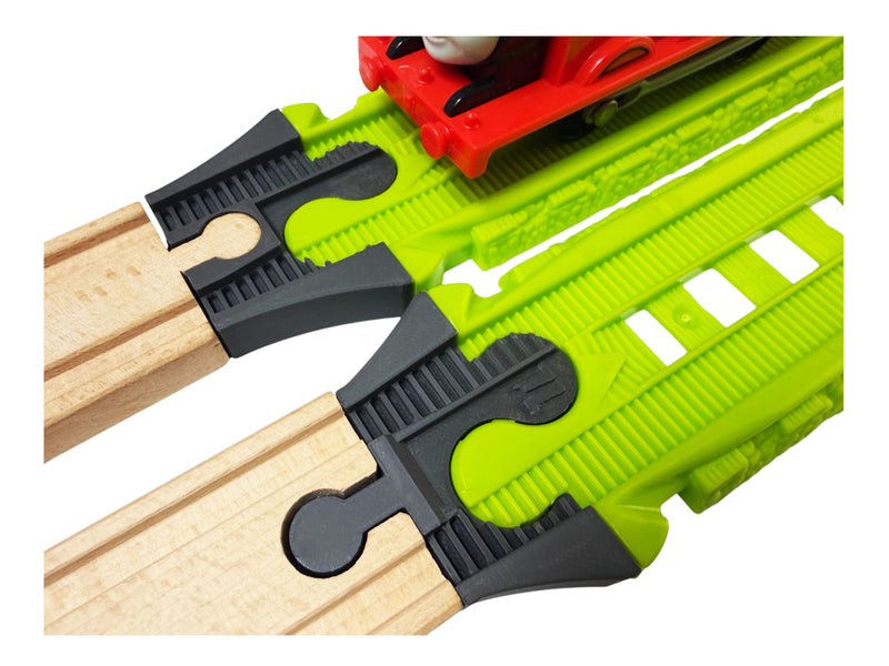 Black adapters joining TrackMaster Easy Connect track to wooden railway track