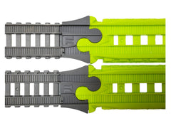 Gray TrainLab adapter pair between gray TrackMaster and Easy Connect track, top view