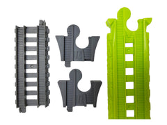 Two gray TrainLab adapters beside gray TrackMaster and Easy Connect track