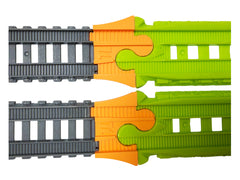 Orange TrainLab adapter pair between gray TrackMaster and Easy Connect track, top view