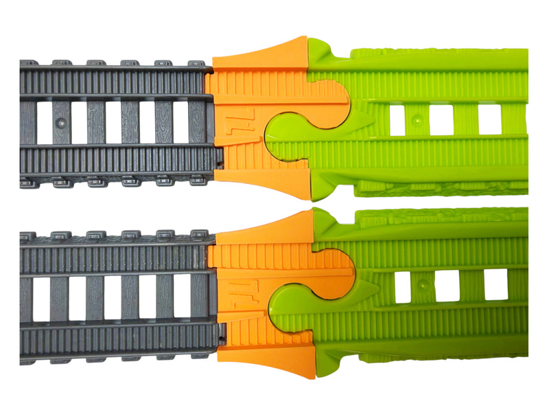 Orange TrainLab adapter pair between gray TrackMaster and Easy Connect track, top view