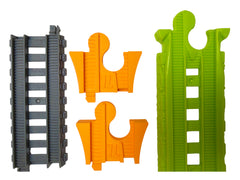 Two orange TrainLab adapters beside gray TrackMaster and Easy Connect track