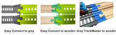 The three adapter types joining Easy Connect, gray TrackMaster and wooden railway track