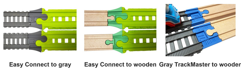 The three adapter types joining Easy Connect, gray TrackMaster and wooden railway track