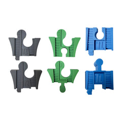 Six TrainLab adapters: two gray, two green and two blue