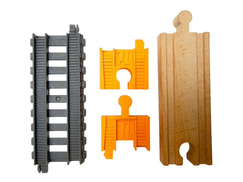 Orange TrainLab adapter pair shown with one gray track piece and one wooden track piece